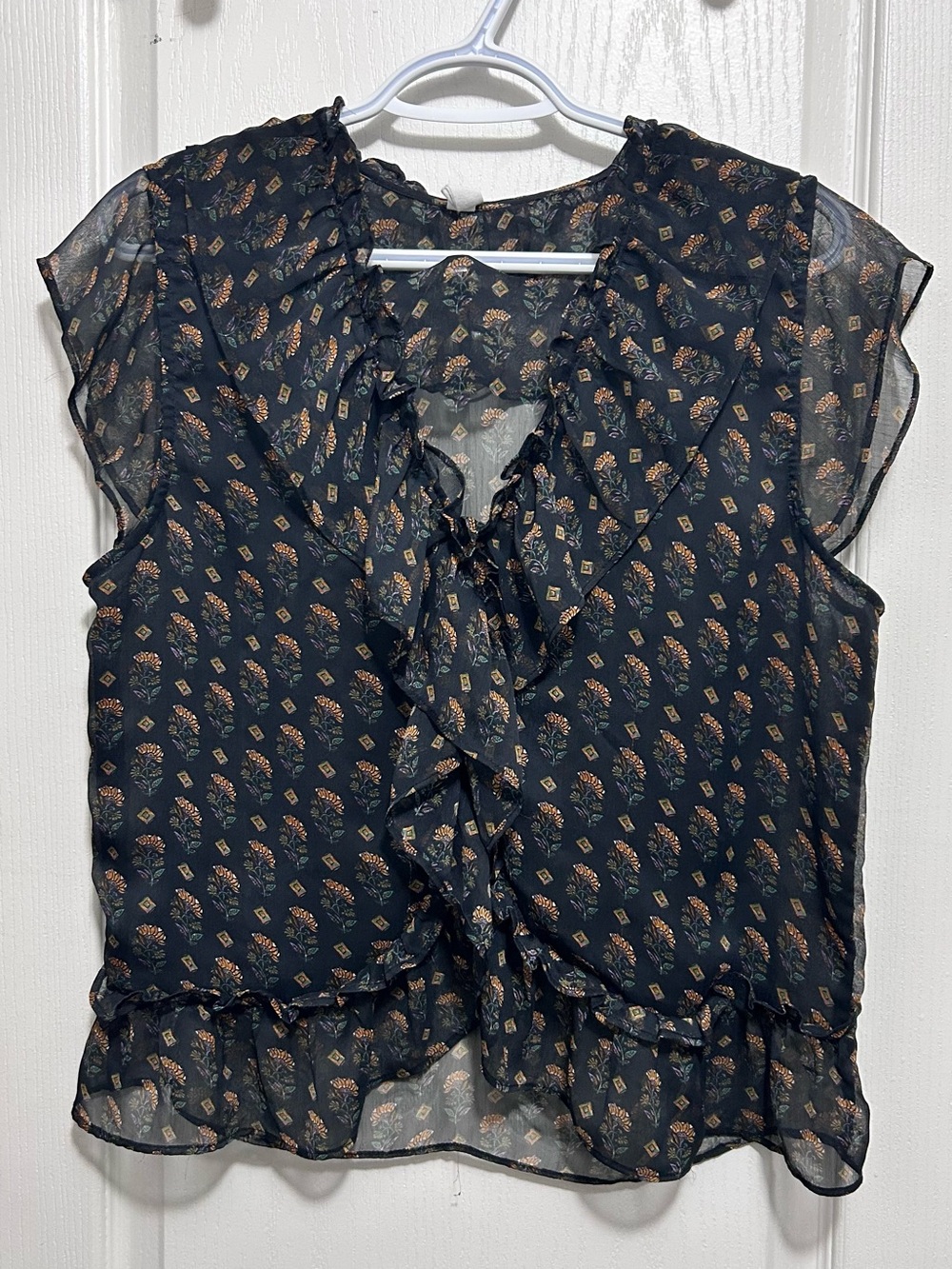 Mango Sheer Ruffle Front Floral Blouse - Black Medium size 6
